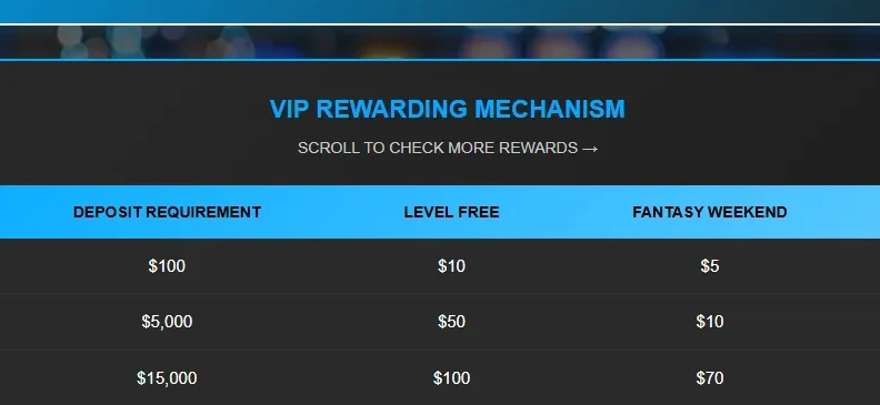 The VIP rewarding mechanism table in the ROOSPIN lobby
